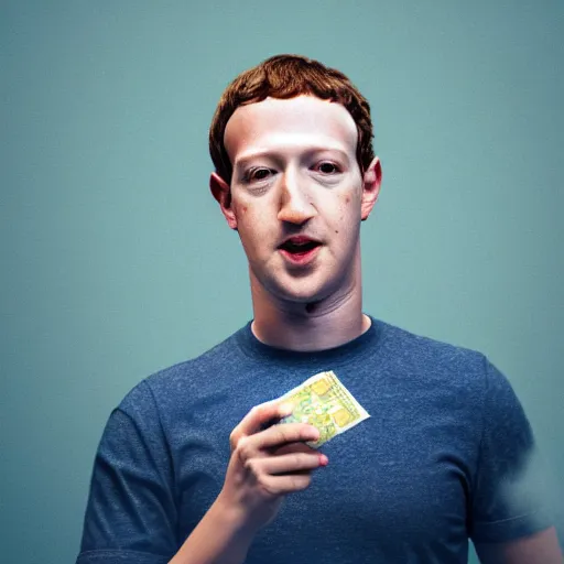 Prompt: a closeup photorealistic photograph of mark zuckerberg eating money. film still, vibrant colors. this 4 k hd image is trending on artstation, featured on behance, well - rendered, extra crisp, features intricate detail, epic composition and the style of unreal engine.