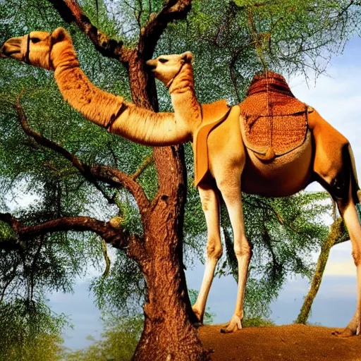 Prompt: a camel standing on a tree