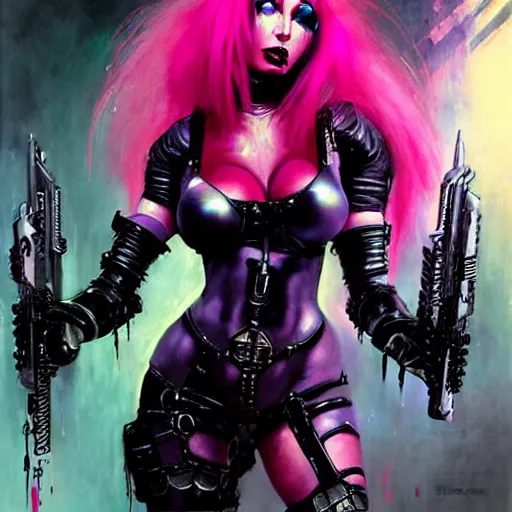 Prompt: a sexy cybergoth Doom Slayer Elvira, dystopian mood, vibrant colors, sci-fi character portrait by gaston bussiere, craig mullins, Simon Bisley, curvy