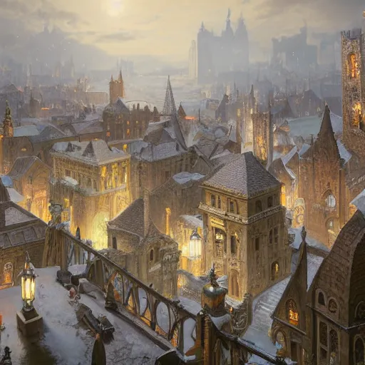 Prompt: an ultra detailed matte painting of the quaint capital city of galic, grid shaped city cobblestone streets, fantasy city, light snowfall, wind, inspiring renaissance architecture, ultrawide lense, aerial photography, unreal engine, exquisite detail, 8 k, art by greg rutkowski and alphonse mucha