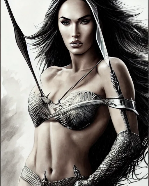 Image similar to portrait of beautiful megan fox as greek goddess aphrodite, archer, arrow on the head, beautiful piercing eyes, flowing blonde hair, realistic face, black and white drawing, in the style of greg rutkowski, fantasy, amazing detail, epic, intricate, elegant, smooth, sharp focus