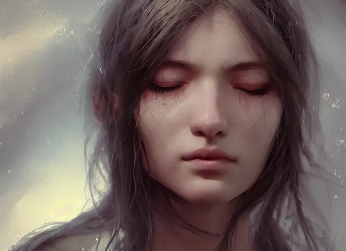 Image similar to a female looking directly while her left eye is closed and the other right eye is wide open, naturel, hyper detailed, digital art, trending in artstation, cinematic lighting, studio quality, smooth render, unreal engine 5 rendered, octane rendered, art style by klimt and nixeu and ian sprigger and wlop and krenz cushart