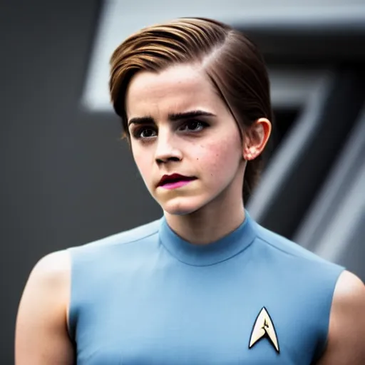 Image similar to Emma Watson in Star Trek, XF IQ4, f/1.4, ISO 200, 1/160s, 8K, Sense of Depth, color and contrast corrected, RAW, Dolby Vision, symmetrical balance, in-frame