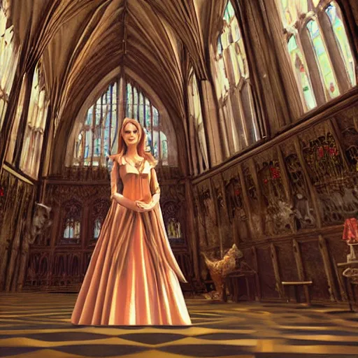 Prompt: a fantasy illustration of Adriana Chechick in the great hall of Hogwarts, film still from Harry Potter, art by artgerm and Pet Morbacher