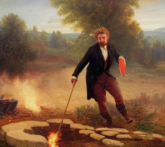 Prompt: landscape portrait of tyler childers throwing his money on a funeral pyre by william sidney mount, trending on artstation