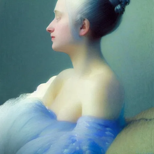 Image similar to young woman's face, her hair is white and she wears a cobalt blue duchesse satin cloak, by ivan aivazovsky and syd mead and moebius and gaston bussiere and roger dean and willem claesz and pieter claesz and paul delaroche and alma tadema and aelbert cuyp, hyperrealistic, volumetric light, octane