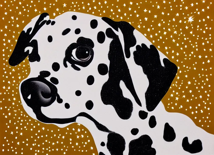 Image similar to portrait of a dalmatian piglet surrounded by stars. silkscreen painting on paper