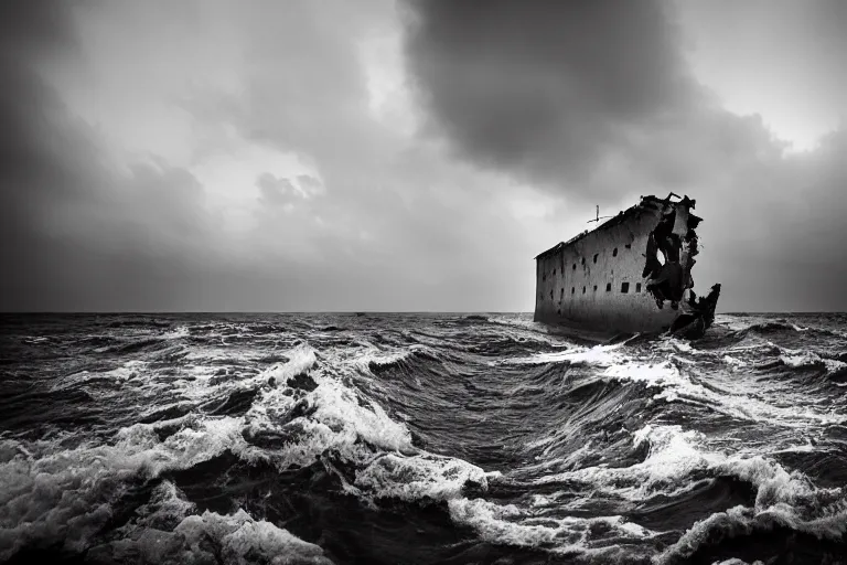 Prompt: danila tkachenko, low key lighting, a ship wreck, an abandoned high soviet apartment building in the middle of the stormy ocean, storm, lighning storm, crashing waves, dramatic lighting