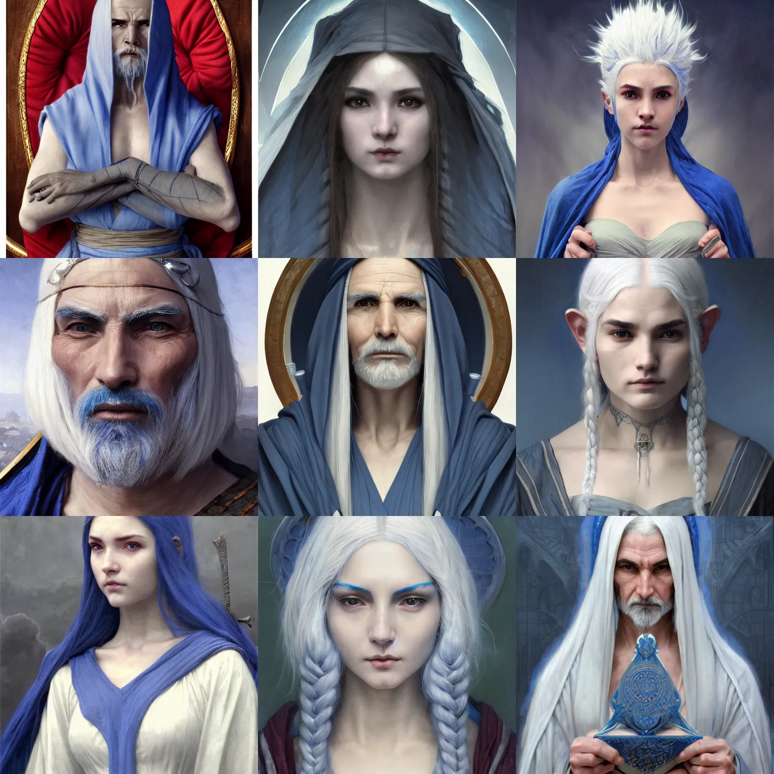 Prompt: a dunmer sage with blue skin and white hair wearing heavy robes intricate portrait by john william waterhouse and artgerm and wlop and William-Adolphe Bouguereau, very coherent symmetrical artwork. Cinematic, hyper realism, high detail 8k