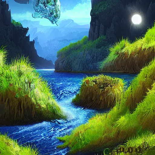 Prompt: beautiful digital artwork of a lush natural scene on an alien planet by arthur haas. artistic science fiction. interesting color scheme. beautiful landscape. weird vegetation. cliffs and water.