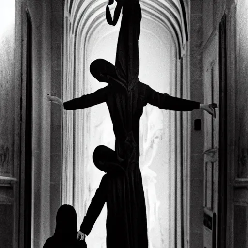 Image similar to black and white, award winning photo, levitating twin nuns, wearing pentgram necklace, Very long arms, in a sanctuary, eerie, frightening —width 1024 —height 1024