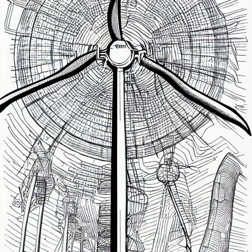 Prompt: Simplistic coloring book of a wind turbine blueprint, black ball pen on white paper, by Josan Gonzalez and Geof Darrow