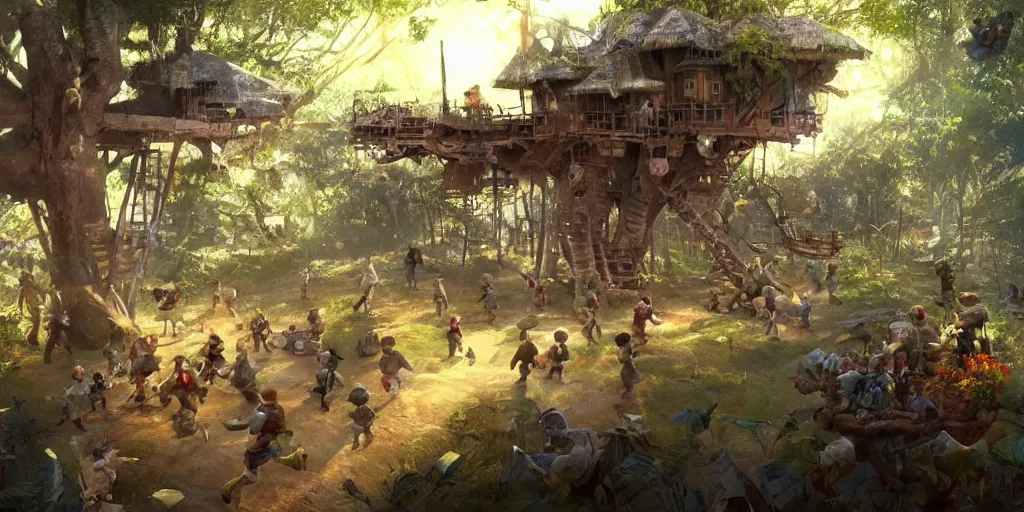 Image similar to The battle for the treehouse, small group of kids trying to take a treehouse from another small group of kids, artwork by Craig Mullins,Movie poster, detailed, trending on artstation, isometric