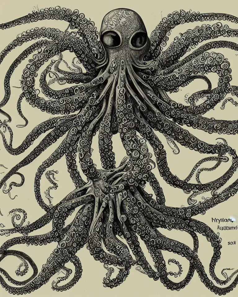 Image similar to a detailed scientific anatomical illustration of an alien cybernetic octopus