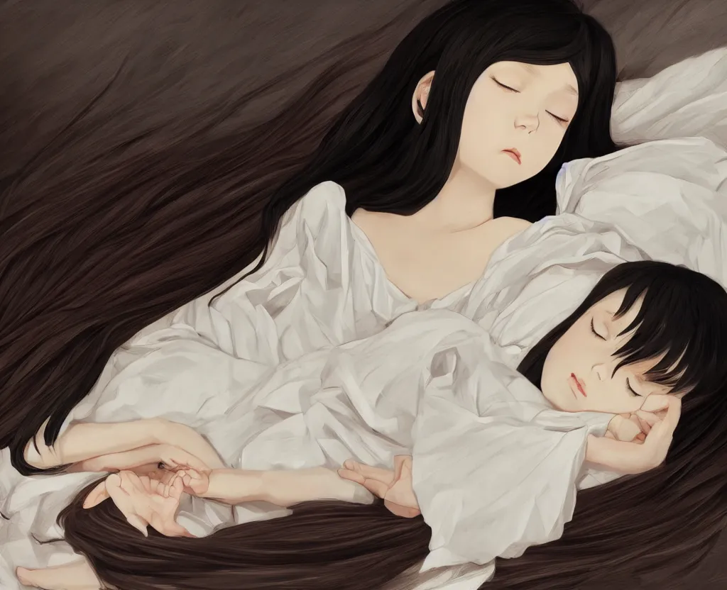 Image similar to room with an little girl with an long black hair dressed in a simple white dress sleeping, anime art style, digital art ilya kuvshinov, inspired by balthus, hd, 4 k, hyper detailed, dark, anatomically correct, angelic face