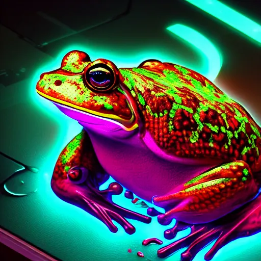 Image similar to illuminated cyber frog, vivid colors, high details, cinematic, 8k resolution, beautiful detailed, photorealistic, digital painting, artstation, concept art, smooth, sharp focus, illustration, fantasy background, artstation trending, octane render, unreal engine