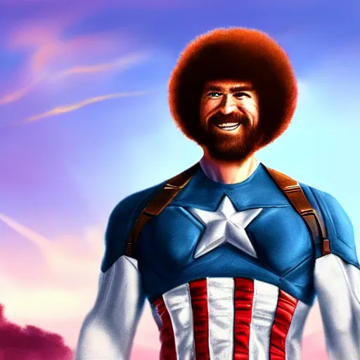 Image similar to Bob Ross as captain america, digital art, concept art, sunset sky in the background, symmetrical, highly detailed, high quality, concept art, Deviant Art, anime style