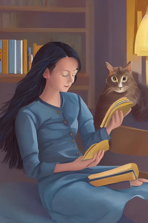 Image similar to a digital painting of a girl reading a book with a cat in A comfortable study room at night,JK uniform ,Hairdryer,blue theme,S line, by anmi and reoenl and krenz