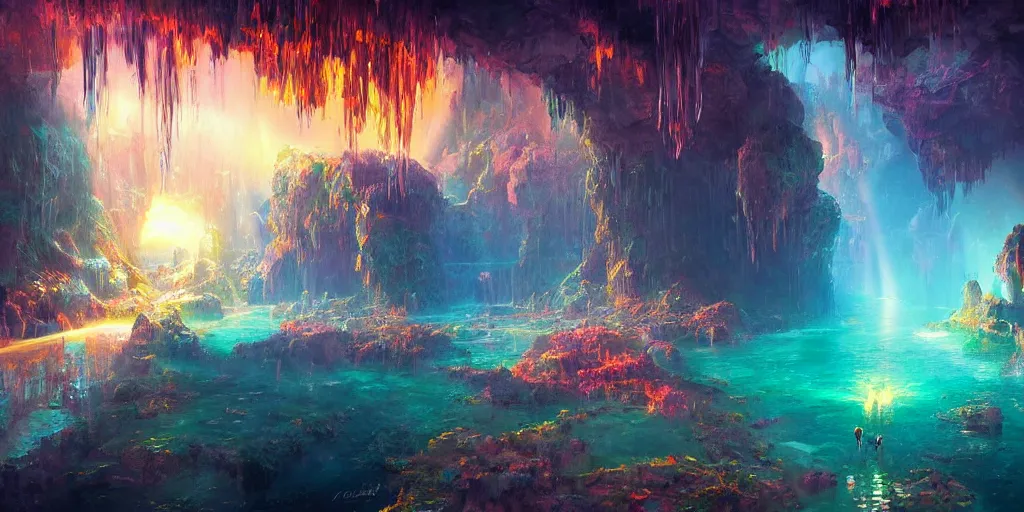 Image similar to ”mysterious crystal cavern fantasy landscape, [crepuscular rays, pools of water, rope bridges, colorful, art by wlop and paul lehr]”