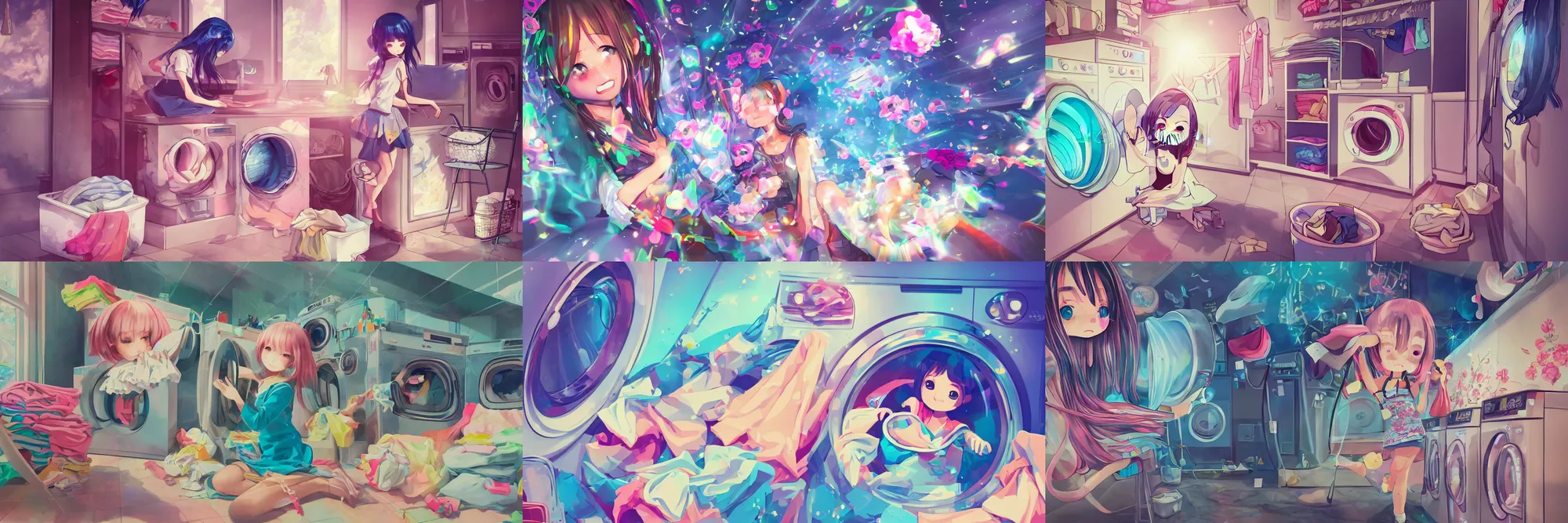 Prompt: extreme kawaii girl doing laundry, epic digital art illustration, wide angle, masterpiece, outstanding detail, illustration, colorgrading, LUTs, | 28mm |, great composition