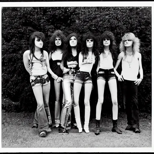 Image similar to Group of 19-year-old women holding electric guitars, long shaggy hair, permed hair, New Wave of British Heavy Metal, band promo photo, Diamond Head, Motörhead, Great Britain, 1981 photograph, 16mm photography