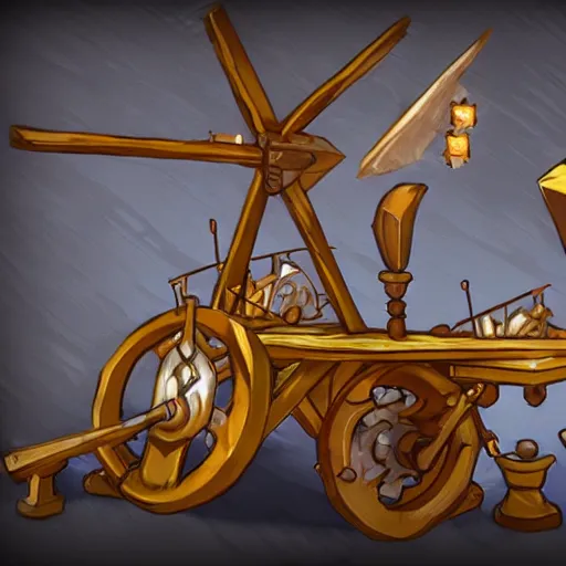 Prompt: a ice catapult machine, cart wheels, fantasy rpg, league of legends style