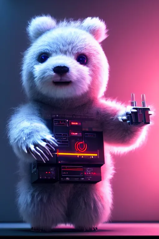 Image similar to high quality 3 d render very cute fluffy cyborg!! bear plays moog synthesizer, cyberpunk highly detailed, unreal engine cinematic smooth, in the style of blade runner & detective pikachu, hannah yata charlie immer, moody light, low angle, uhd 8 k, sharp focus