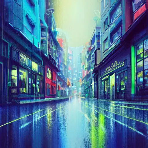 Prompt: Bustling photorealistic!!! rainy (((neon))) street in a utopian city illustrated and reimagined by Max Hay, inverted fisheye lens!!!, eyelevel!!! view!!! photography, trending on artstation, 4k, 8k, lens distortion, chromatic aberration, soft focus blur, photorealistic imagery, photorealistic details, intricate, highly detailed, artstation 3d, artstation render, artstation 3d render, 3d art, unreal engine 3d, octane 3d, blender 3d, 3d landscape