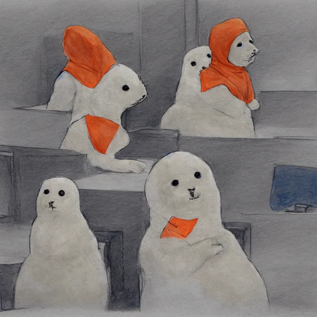 Prompt: a baby harp seal in an orange prisoner jumpsuit, dressed as a prisoner, sitting next to his lawyer in court, courtroom sketch