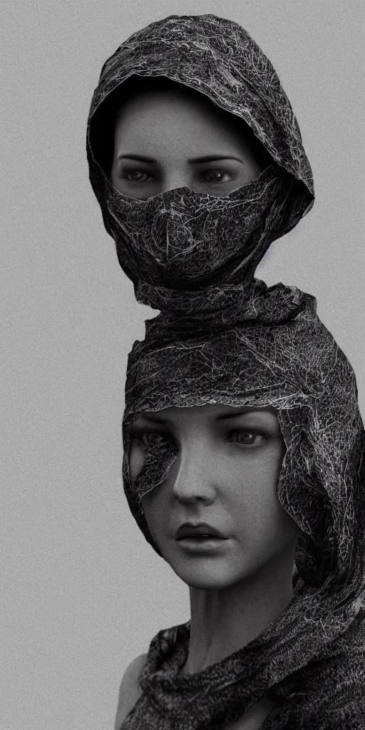 Image similar to women with cloth over over her face, highly detailed, modern, digital art, black and white, unreal engine, photorealism