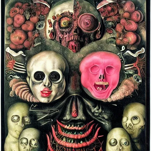 Prompt: post - punk new age album cover, magic, apocalypse, psychedelic, black white pink, magic, giger h. r., giuseppe arcimboldo