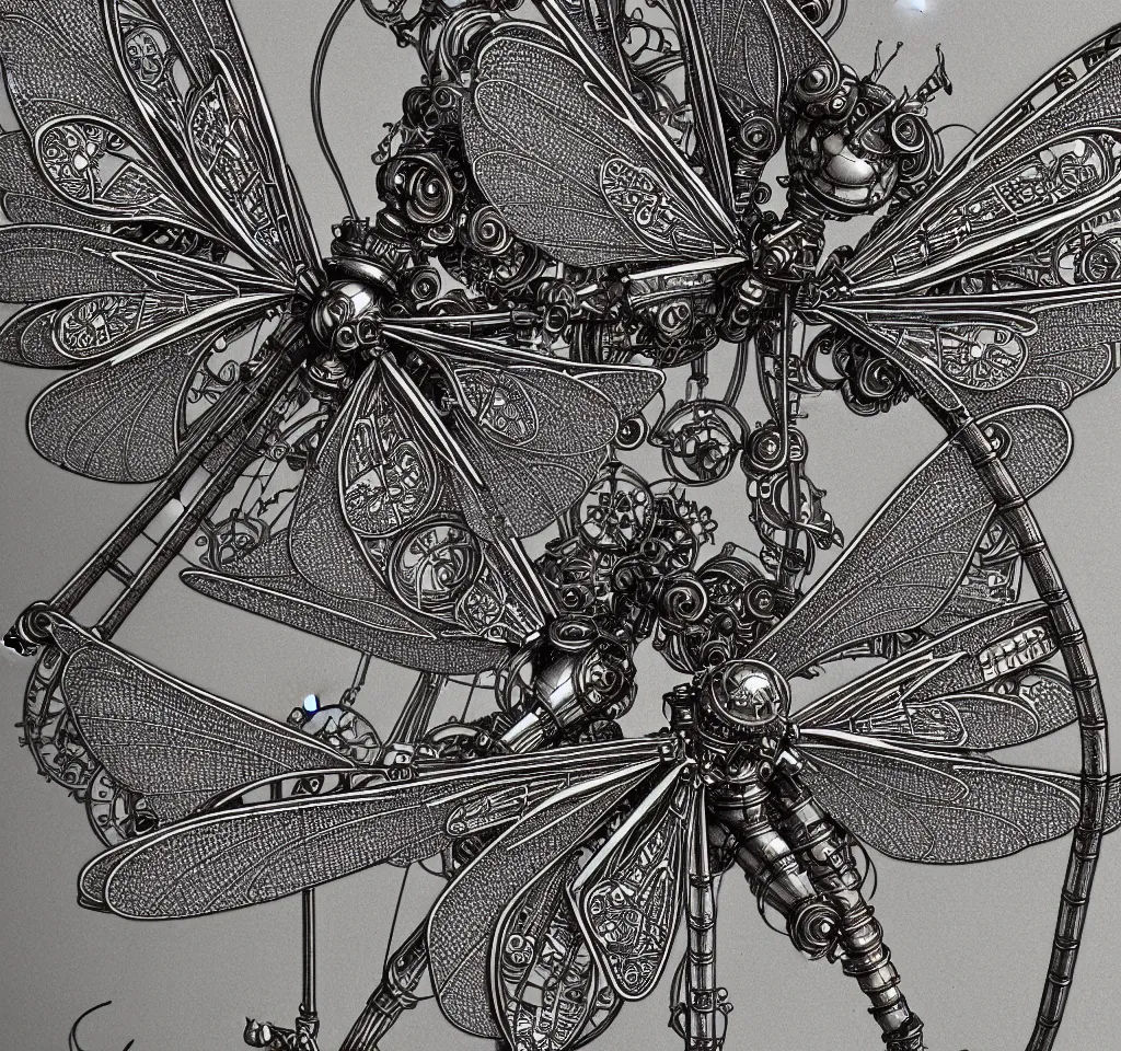 Prompt: blueprint of a Mechanical Dragonfly, ornamental, photorealism, elaborate, highly detailed, ornate, dramatic lighting, photorealistic, steampunk, old fashion, by Beardsley