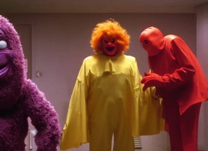 Image similar to film still of ronald mcdonald and grimace in a 1 9 8 0 s slasher movie