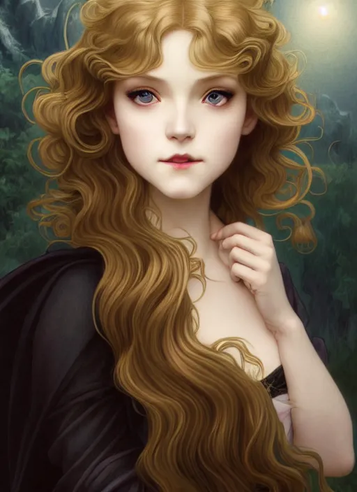 Prompt: young vampire blond girl, goddess of obsidian diamonds and black peonies, with long curly, golden hair, perfectly proportioned face, brown eyes, sweet smile, strong jawline, natural lighting, path traced, god rays, highly detailed, high quality, cartoon, digital painting, by new haicheng studio ghibli and riccardo federici and alphonse mucha