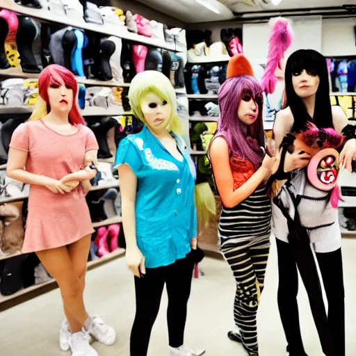 Image similar to a photograph of people badly cosplaying as animals, they have a disappointed look on their face, they are in a shoe store with long store isles, 50mm