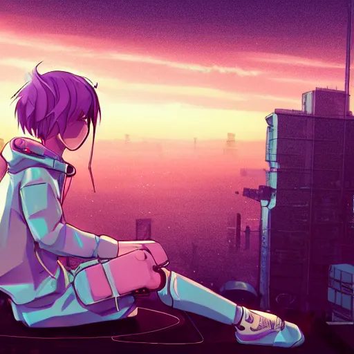 Prompt: android mechanical cyborg anime girl child overlooking overcrowded urban dystopia sitting. Pastel pink clouds baby blue sky. Gigantic future city. Raining. Makoto Shinkai. Wide angle. Distant shot. Purple sunset. Sunset horizon ocean reflection. Pink hair. Pink and white hoodie. Cyberpunk. featured on artstation. robotic wired knee pivot. white sweater.