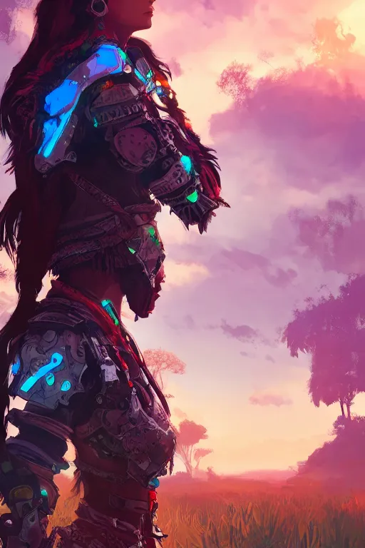 Image similar to combination suit armor aloy horizon forbidden west horizon zero dawn radiating a glowing aura global illumination ray tracing hdr fanart arstation by ian pesty and alena aenami artworks in 4 k tribal robot ninja mask helmet backpack