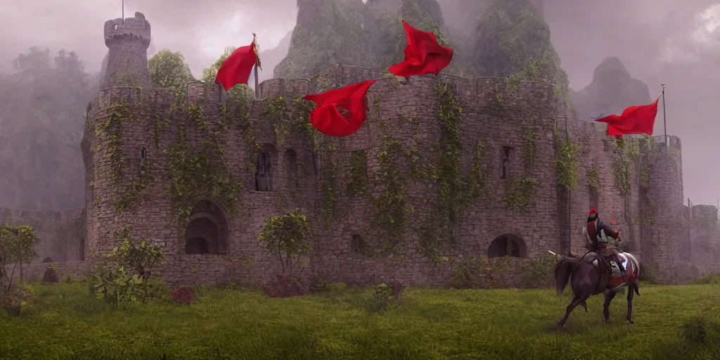 Image similar to medieval castle surrounded by a lush park, high city walls, in the background are far away mountains, stormy weather, rider on horseback with a red banner, smoke, fog, trending on artstation, unreal engine 5, octane render, redshift render, 8 k