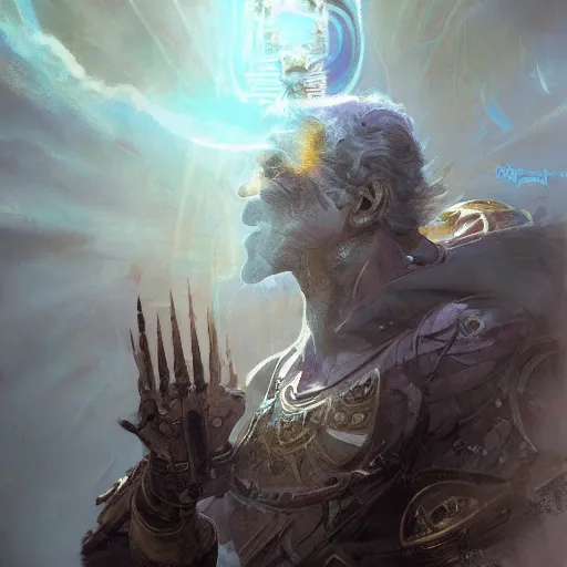 Image similar to god emperor joe biden in the style of craig mullins, greg rutkowski, peter mohrbacher, and drew struzan. epic, majestic, awe inspiring, god rays, fissures, divine, church painting, intricate armor, extreme detail, high octane,