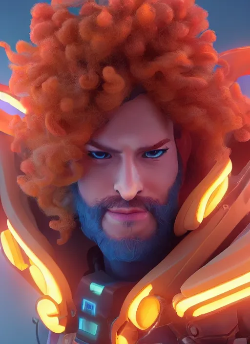 Image similar to glowwave portrait of curly orange hair man from overwatch, made of feathers mist and cloud, au naturel, hyper detailed, digital art, trending in artstation, cinematic lighting, studio quality, smooth render, unreal engine 5 rendered, octane rendered, art style by pixar dreamworks warner bros disney riot games and overwatch.