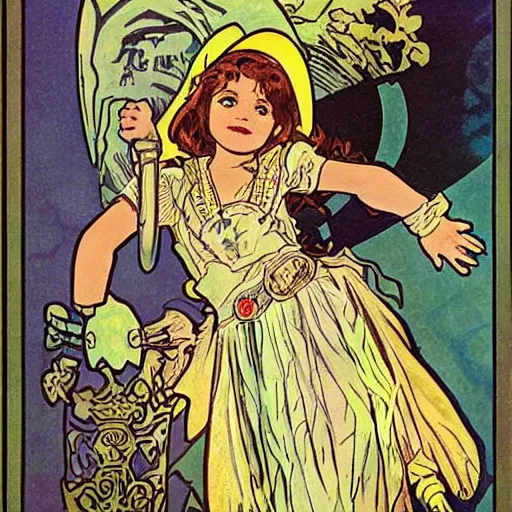 Image similar to a little girl with a mischievous face and short wavy curly brown hair. she is dressed as a knight. well composed, clean elegant painting, beautiful detailed face. comic book art by steve ditko and jack kirby and alphonse mucha