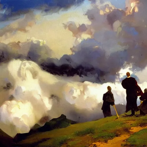 Prompt: painting by sargent and leyendecker and greg hildebrandt savrasov levitan above the low clouds on madeira faroe azores islands overcast thunder storm - n 9