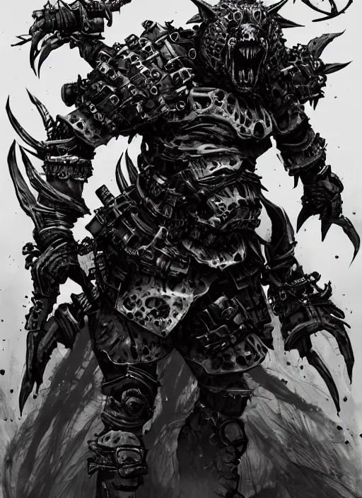 Image similar to Full body portrait of a scary gnoll. Armour made of human skulls. In style of Yoji Shinkawa and Hyung-tae Kim, trending on ArtStation, dark fantasy, great composition, concept art, highly detailed.