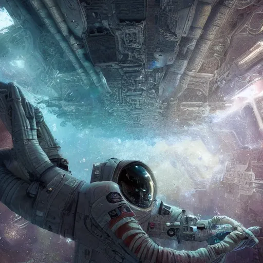 Image similar to concept art by craig mullins astronaut in futuristic dark and empty spaceship underwater. infrared complex and hyperdetailed technical suit. mandelbulb fractal. reflection and dispersion materials. rays and dispersion of light. volumetric light. 5 0 mm, f / 3 2. noise film photo. flash photography. unreal engine 4, octane render. interstellar movie art