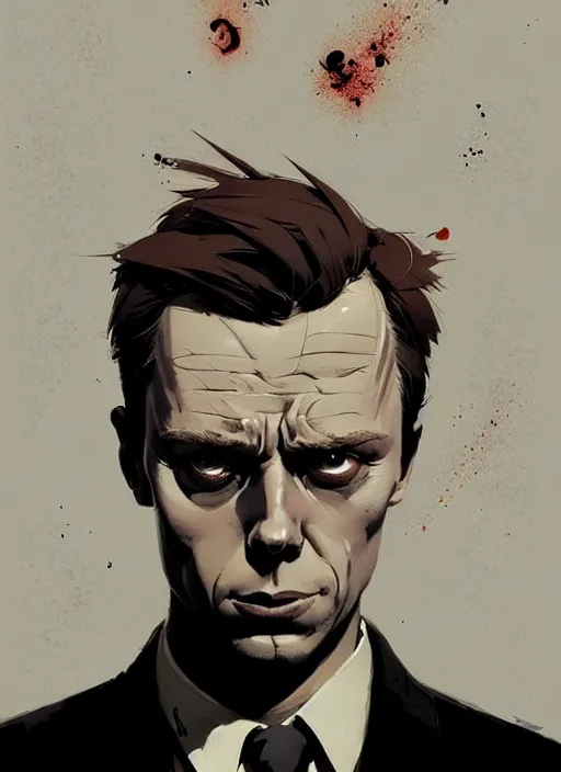 Image similar to highly detailed closeup portrait of angry handsome martin wallstrom, tyrell wellick, wearing suit by atey ghailan, by greg rutkowski, by greg tocchini, by james gilleard, by joe fenton, by kaethe butcher, gradient blue, brown black and white only color scheme, grunge aesthetic!!! ( ( graffiti tag wall background ) )