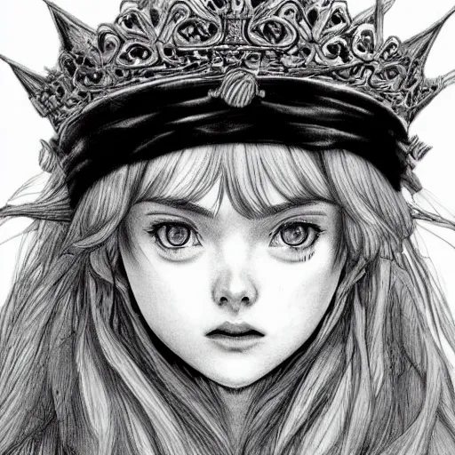 Image similar to a striking hyper real manga illustration of Elle Fanning with a crown by Kentaro Miura