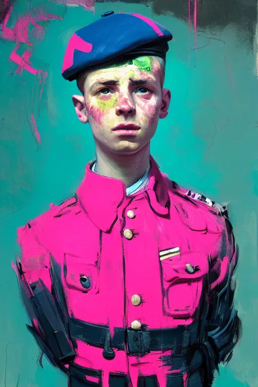 Prompt: portrait of a young soldier boy nor living in a death postapoliptic world, painted in acrylic, in the colors hot pink and cyan, beautiful realistic face, rule of thirds, dutch soldier outfit, spotlight, by greg rutkowski, by jeremy mann, by francoise nielly, by van gogh, digital painting