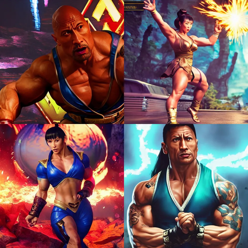 Prompt: dwayne johnson, chun li outfit, dwayne johnson posing like a street fighter, dwayne johnson wearing female outfit, intricate, epic lighting, cinematic composition, hyper realistic, 8k resolution, unreal engine 5, by Artgerm, tooth wu, dan mumford, beeple, wlop, rossdraws, James Jean, Andrei Riabovitchev, Marc Simonetti, yoshitaka Amano, Artstation