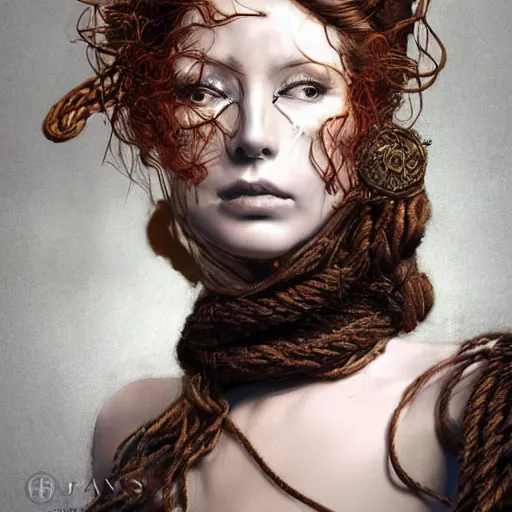 Image similar to portrait of a Shibari rope wrapped face and neck of a store mannequin, headshot, insanely nice professional hair style, dramatic hair color, digital painting, of a old 13th century, traveler, amber jewels, baroque, ornate clothing, scifi, realistic, hyper detailed, chiaroscuro, concept art, art by Franz Hals and Jon Foster and Ayami Kojima and Amano and Karol Bak,