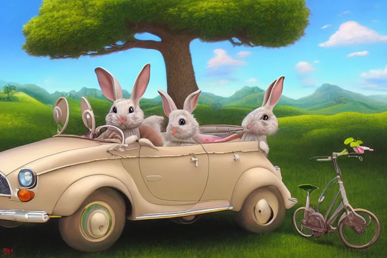 Prompt: highly detailed 3 - d, matte painting of a cute rabbits riding in a convertible car, by mark ryden, lowbrow, 8 k resolution.